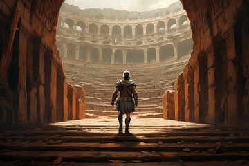  Ancient roman gladiator entering the colosseum before battle created by generative AI - obrazy, fototapety, plakaty