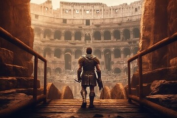  Ancient roman gladiator entering the colosseum before battle created by generative AI - obrazy, fototapety, plakaty