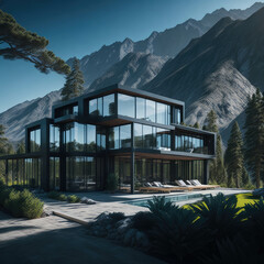 Modern Glass  Luxury Villa House Exterior, Large Windows,  Mountain Forest View, large Cozy Veranda Furnishing, Sunny Day, Reflective Windows, Generative Ai