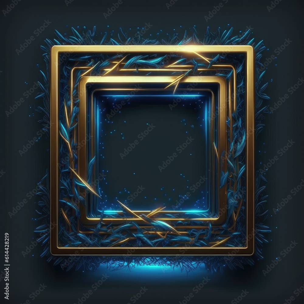 Poster abstract art of glowing fantasy golden and blue multi striped square frame with vivid in chevrons ga