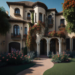 Spanish Style Manson House Exterior, large Green Yard With Flowers, Stone Path,  Generative AI