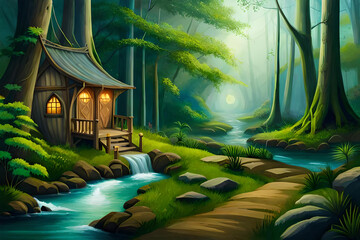 A hidden elven sanctuary nestled deep within an ancient forest