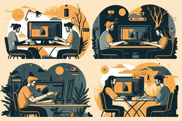 Freelance concept with people working on computers at home
