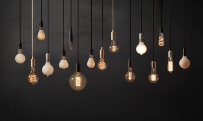  a bunch of light bulbs hanging from a ceiling in a dark room with a black wall behind them and a black wall behind them with a black background.  generative ai