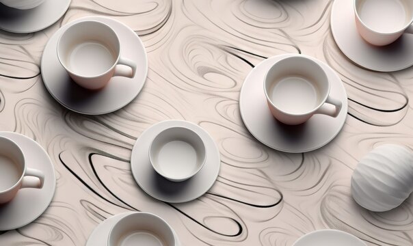  a table topped with white cups and saucers filled with liquid next to a wall of wavy lines and swirls on a wallpaper.  generative ai