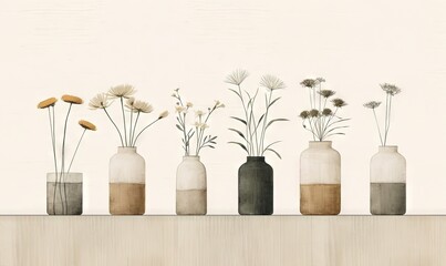 a row of vases with flowers in them on a table top with a white background and a beige wall in the background with a white wall.  generative ai
