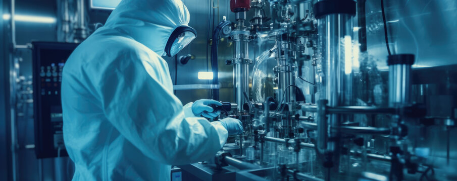 Pharmaceutical research lab or bio labs with equipment used with people in clean room suits or PPE equipment. A researcher in a sterile clean room suit. Hand edited generative AI.