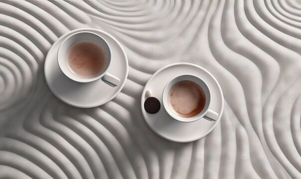  two cups of coffee are sitting on a wavy tablecloth with wavy lines in the middle of the cups and saucers on top of the cups.  generative ai