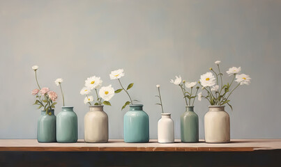  a row of vases with flowers in them on a table with a gray wall in the back ground and a blue wall in the background.  generative ai