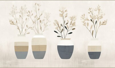  a group of three vases filled with different types of flowers and plants on a white wallpapered background with a beige and blue border.  generative ai
