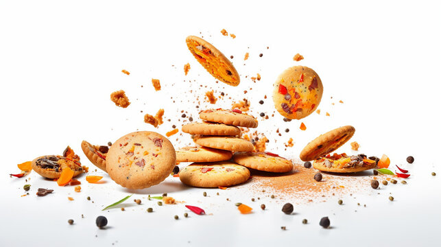 Biscuits falling on white background. Perfect concepts for product packaging design ideas. Studio shoot product photography.  Generative AI