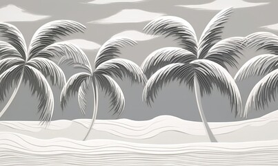 Fototapeta na wymiar a drawing of a beach with palm trees in the distance and a gray sky in the background with white clouds in the sky and a gray sky. generative ai