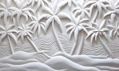  a white wall with palm trees and waves on it's side and a white background with waves on it's side and the wall.  generative ai