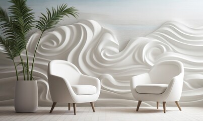  two white chairs and a plant in a room with a large white wall and a large white wave design on the wall behind them, and a white tiled floor.  generative ai