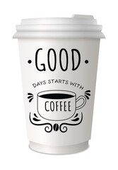 Coffee to go lettering on disposable cup. Lettering emblem quotes text. Hot street drink cardboard packaging plastic or paper cap diversity. Trendy and bright graffiti style