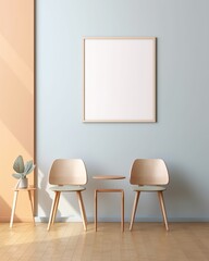 Blank poster mockup, off pastel light colors walls, wood colored frame, Generative Ai