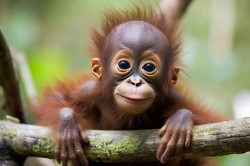 Baby Orangutan Swinging from the Branches in Its Natural Habitat - Wildlife and Primates in Southeast Asia