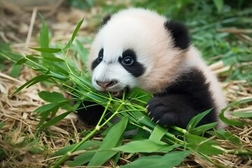 Fototapeta premium Panda eating bamboo, Adorable baby animal (Ai generated)