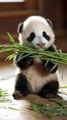 Panda eating bamboo, Adorable baby animal (Ai generated)