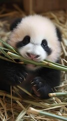 Panda eating bamboo, Adorable baby animal (Ai generated)