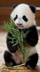Fototapeta premium Panda eating bamboo, Adorable baby animal (Ai generated)