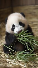 Obraz premium Panda eating bamboo, Adorable baby animal (Ai generated)