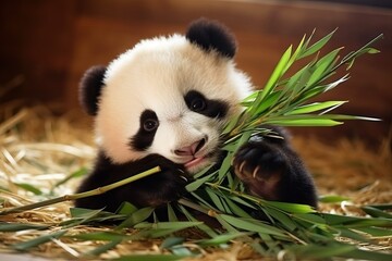 Fototapeta na wymiar Panda eating bamboo, Adorable baby animal (Ai generated)