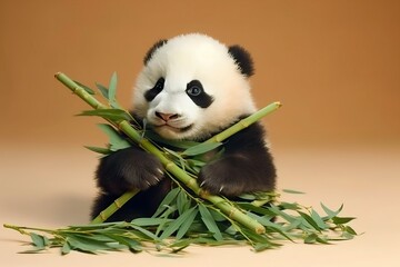 Panda eating bamboo, Adorable baby animal (Ai generated)