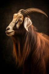 Amazing Big Hair Billy Goat on dark background generative ai