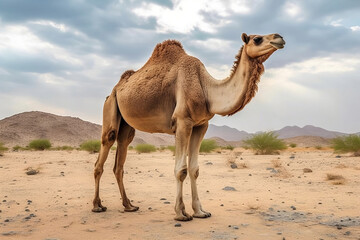 Caravan camel standing on sand in sahara desert against sky, Bedouin camel with saddle standing on sand generative ai