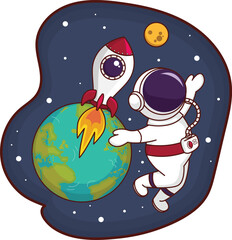 Naklejka premium Happy Cartoon Astronaut in Space 