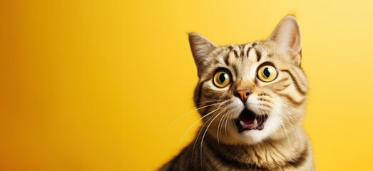 Shocked tabby cat looking to side at blank copy space, on bright yellow background. AI generative.