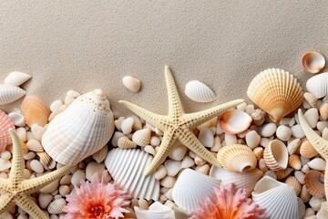 Fototapeta na wymiar Seashell and starfish on the sand, Beach sea themed (Ai generated)