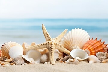 Seashell and starfish on the sand, Beach sea themed (Ai generated)