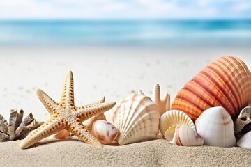 Fototapeta na wymiar Seashell and starfish on the sand, Beach sea themed (Ai generated)