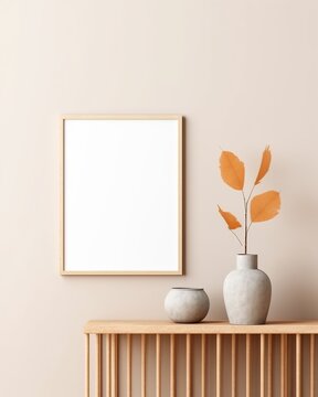 Blank poster mockup, off pastel light colors walls, wood colored frame, Generative Ai