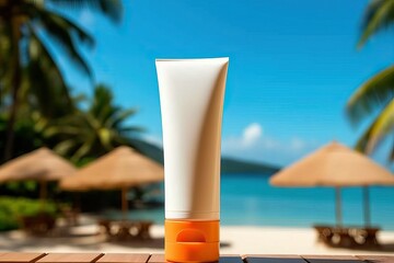 Blank sunscreen with a beach setting (Ai generated)