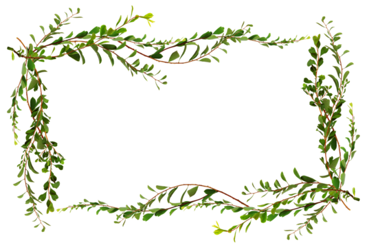 Twigs with small green leaves in a floral frame isolated on white or transparent background