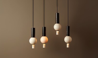  a group of three lights hanging from a ceiling mounted light fixture in a room with a brown wall behind it and a white wall behind it.  generative ai
