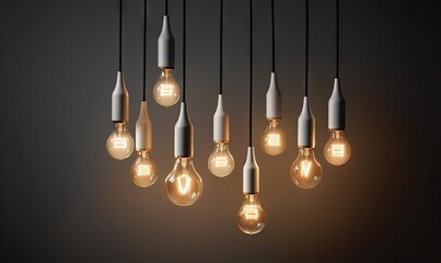  a group of light bulbs hanging from a ceiling fixture in a dark room with a light bulb in the middle of the room and a number of the bulbs above them.  generative ai