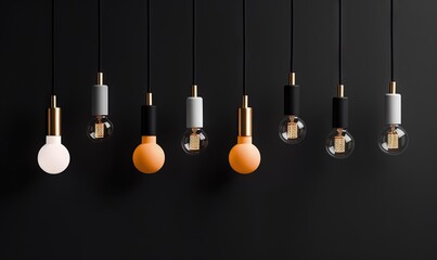  a group of light bulbs hanging from a black wall with a black wall in the background and a row of light bulbs hanging from the ceiling.  generative ai