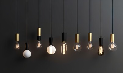  a group of light bulbs hanging from the ceiling in a dark room with a black wall and a black wall behind them and a few white balls hanging from the ceiling.  generative ai