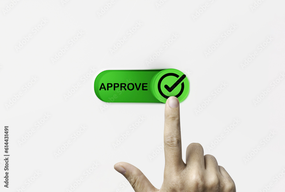 Fototapete Hand touching green toggle switch to change status from reject to accept  for tick correct mark to approve document and project concept.