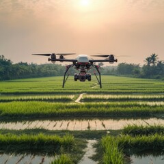 Modern technologies in agriculture. industrial drone flies over a green field and sprays useful pesticides to increase productivity and destroys harmful insects. increase productivity. AI Generation