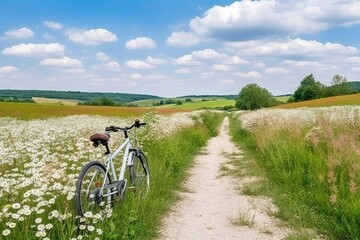 Fototapeta na wymiar Bicycle, Spring summer natural landscape (Ai generated)