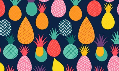  a pattern of pineapples and pineapples on a dark background with a blue background and yellow and pink pineapples on the sides.  generative ai