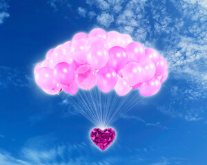 Fototapeta na wymiar Pink heart shaped diamonds and pink balloons, bright sky background, valentines day concept