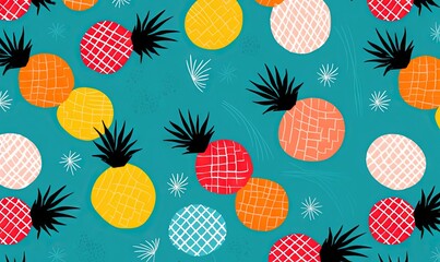  a pattern of pineapples and pineapples on a blue background with pineapples and pineapples on the sides of them.  generative ai