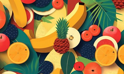  a bunch of fruit that is on a table together with a pineapple, oranges, bananas, and other fruit on it's surface. generative ai