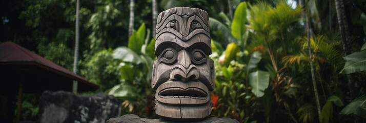 stone statue of god on islands of tahiti tiki mask on background of nature, Generative AI - obrazy, fototapety, plakaty